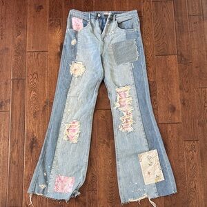 Altar'd State Blue and Pink Patchwork Flare Jeans